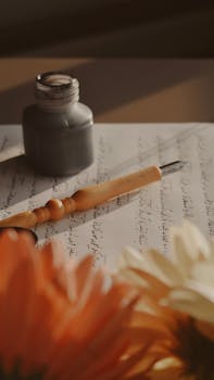 pexels-photo-29253140-29253140 A classic calligraphy pen and ink on a handwritten letter with soft focus flowers in warm tones.